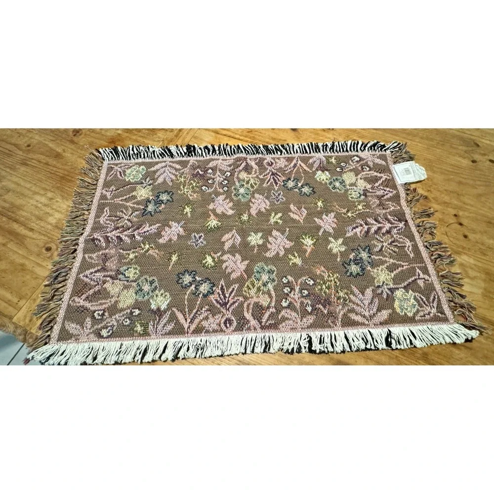 Floral Tapestry Rug 20x36 Cotton Woven Accent Throw Mat Fringe Made in India